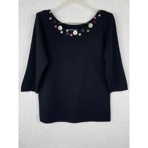 Linda Lucia Large Black Knit Scoop Neck Top 3/4 Sleeve Bead Button Detail Womens